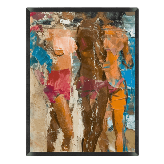 abstract figurative poster featuring three female figures standing together, rendered in heavily textured collage layers of distressed paper, warm terracotta, magenta pink, and vibrant blue accents, enclosed in a thin black frame