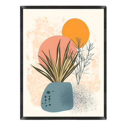 Abstract botanical wall art print with a blue-green planter, orange and peach circles, and sparse line-drawn plants on a cream background, shown against a light gray backdrop.