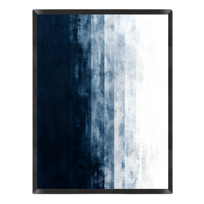 Abstract art print featuring vertical textured stripes in dark navy, medium blue, and white, enclosed in a thin black frame against a plain white background.