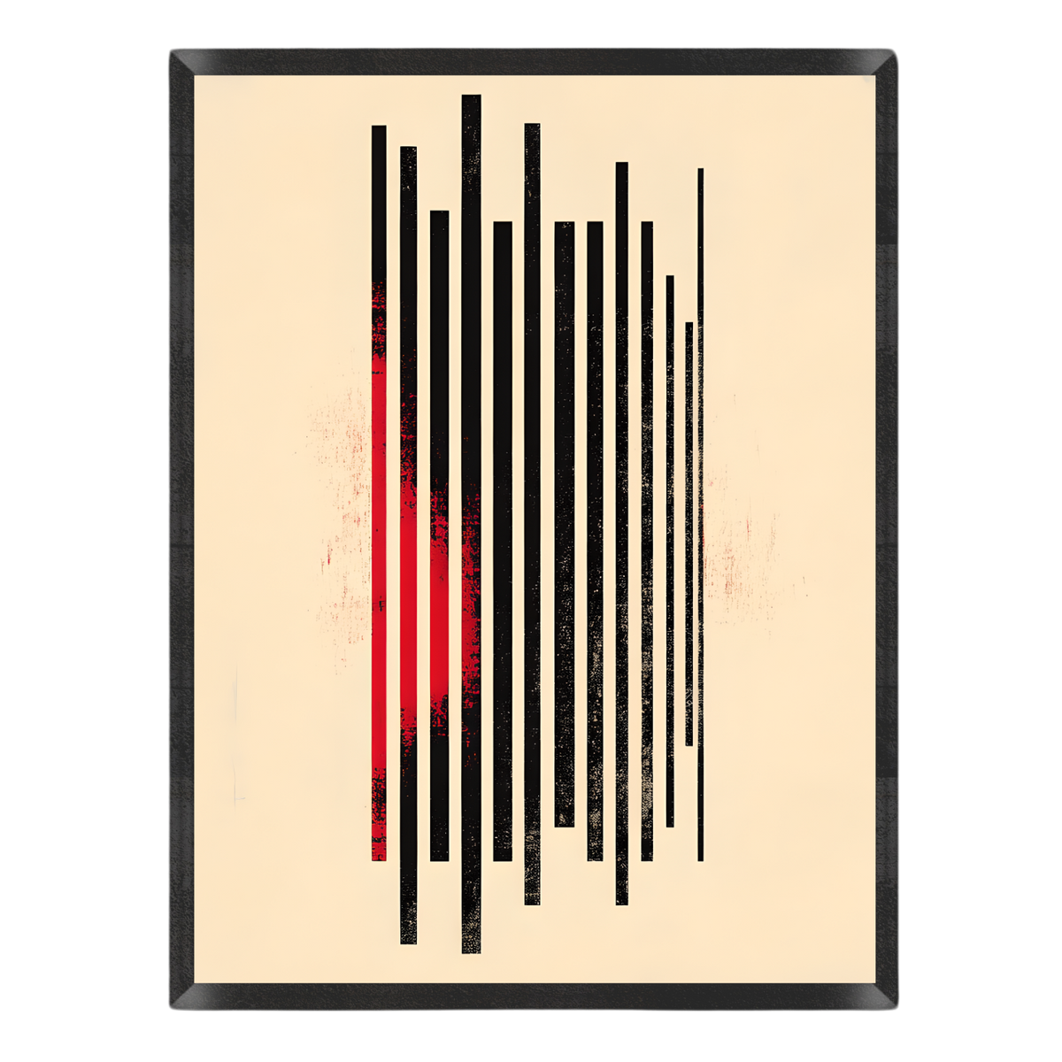 Abstract wall art featuring vertical black bars with a textured red accent on a warm cream background, enclosed in a black frame.