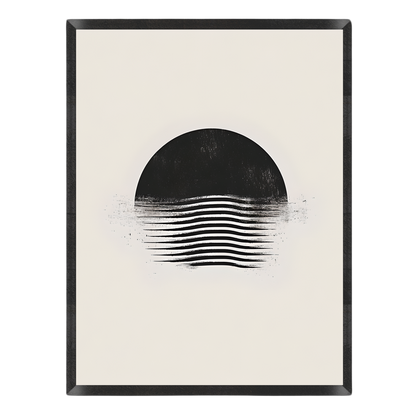 A minimalist wall art print featuring a black semi-circle with textured horizontal brushstroke lines across the middle, set against a warm off-white background and enclosed in a thin black frame.