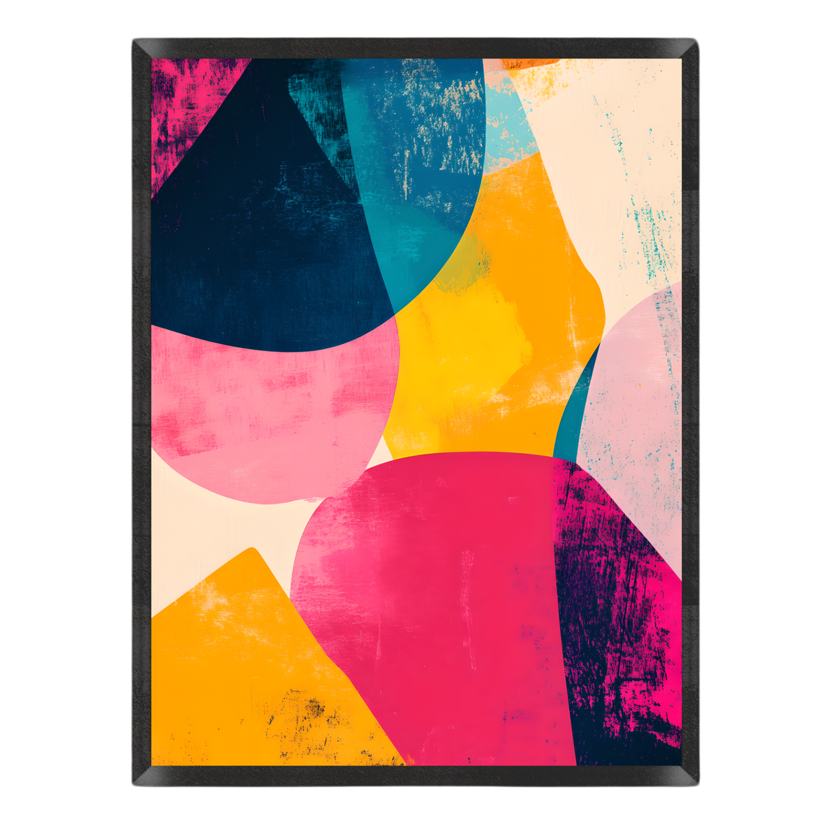 Abstract art print featuring bold, textured geometric shapes in vibrant pink, yellow, teal, navy, and cream, enclosed in a thin black frame.