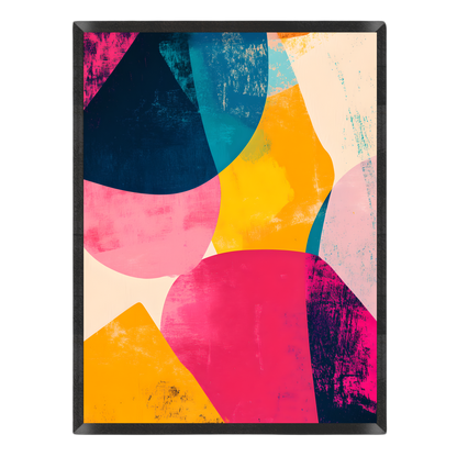 Abstract art print featuring bold, textured geometric shapes in vibrant pink, yellow, teal, navy, and cream, enclosed in a thin black frame.