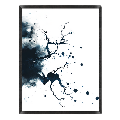 Abstract wall art featuring a white background with dark navy ink splatters, splashes, and branching line details, presented in a thin black frame against a light gray background.