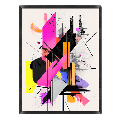 Abstract geometric wall art print featuring bold magenta, black, orange, yellow, purple, and gray shapes on a light background, shown against a plain white backdrop.