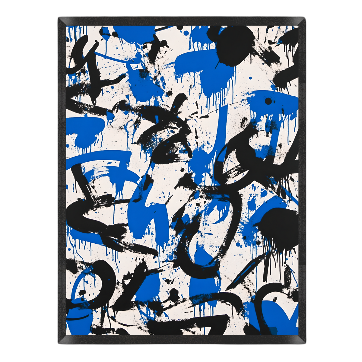 Abstract wall art featuring bold black and royal blue paint splatters and drips on a white background, enclosed in a thin black frame.