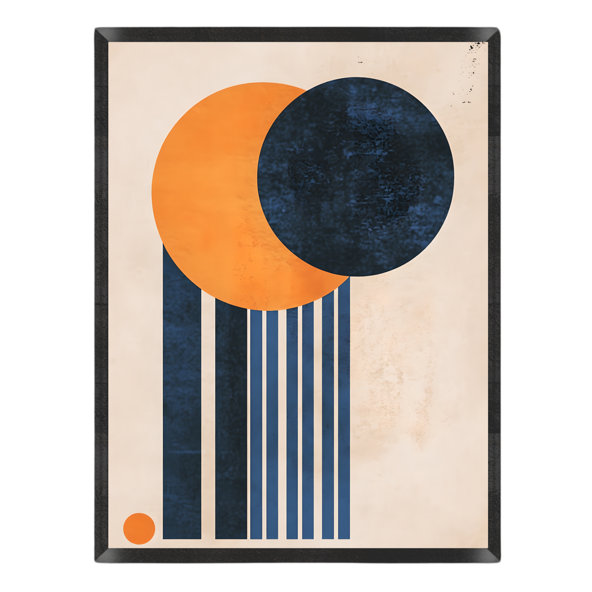 Abstract geometric art print featuring overlapping orange and dark navy blue circles with vertical navy stripes on a warm beige background, enclosed in a black frame.