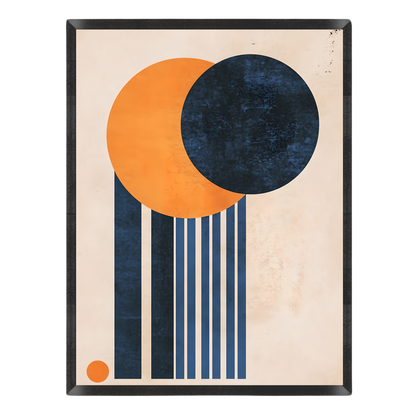 Abstract geometric art print featuring overlapping orange and dark navy blue circles with vertical navy stripes on a warm beige background, enclosed in a black frame.
