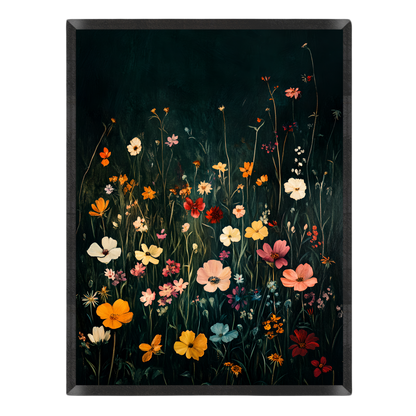 Floral art print featuring a dense field of colorful wildflowers, including orange, yellow, pink, red, white, and blue blossoms, set against a very dark, near-black background.