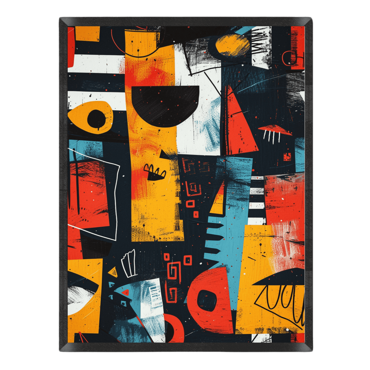 vibrant abstract geometric collage poster featuring dynamic shapes, tribal-inspired line symbols, and textured brushstrokes in mustard yellow, bright teal blue, dark navy, and vivid red-orange in a thin black frame