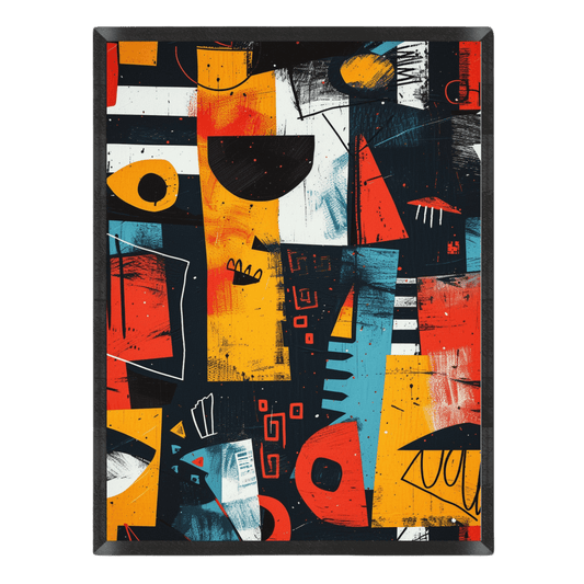 vibrant abstract geometric collage poster featuring dynamic shapes, tribal-inspired line symbols, and textured brushstrokes in mustard yellow, bright teal blue, dark navy, and vivid red-orange in a thin black frame