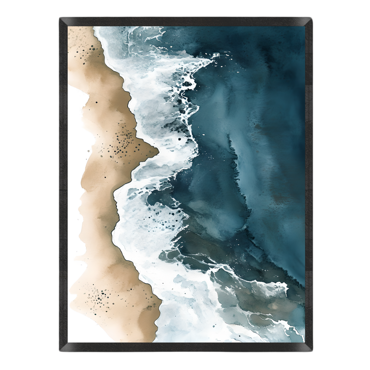 Abstract coastal wall art featuring dark blue ocean water, white surf, and a sandy beige shoreline, shown against a plain white background.