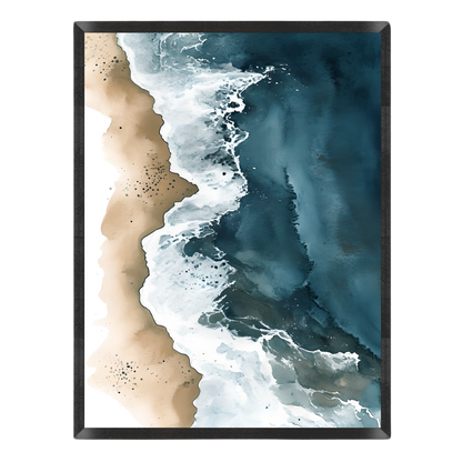 Abstract coastal wall art featuring dark blue ocean water, white surf, and a sandy beige shoreline, shown against a plain white background.