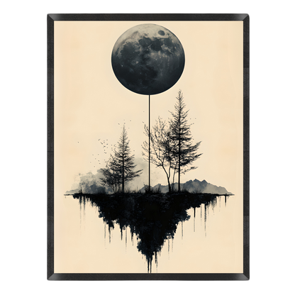 Wall art featuring a surreal illustration of a large moon above three dark trees and a reflective dark landscape on a warm cream background.