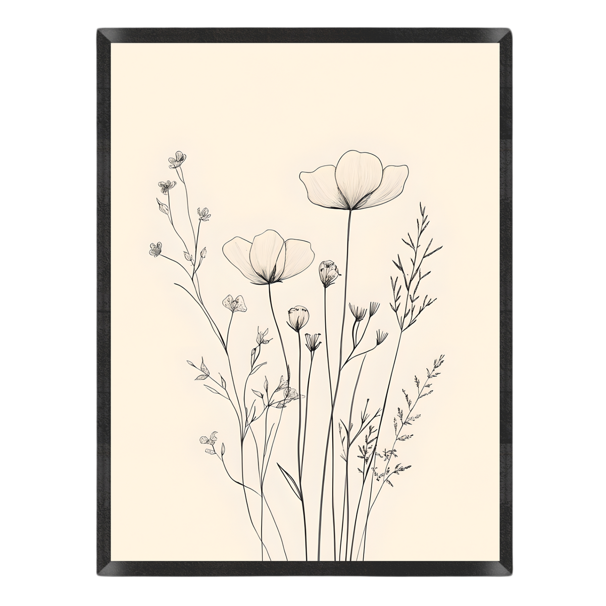 Botanical wall art featuring delicate black line drawings of wildflowers on a warm cream background, enclosed in a thin black frame.