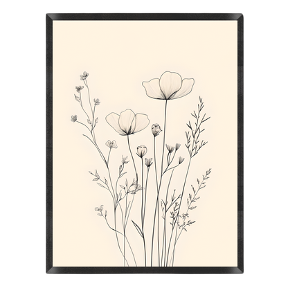Botanical wall art featuring delicate black line drawings of wildflowers on a warm cream background, enclosed in a thin black frame.