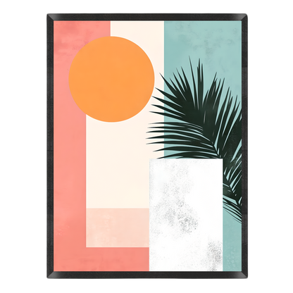 Abstract art print featuring a minimalist geometric design with a coral pink block, a cream vertical panel, a teal right section, a large orange circle, a white textured rectangle, and a dark green palm leaf silhouette, shown against a plain white background.