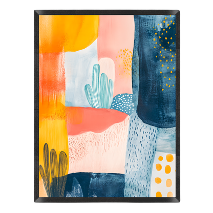 Abstract art print featuring a modern geometric design with cactus motifs, textured brushstrokes, and dotted patterns in orange, yellow, pink, blue, and white, set against a plain white background.