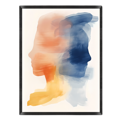 Abstract wall art featuring two side-profile silhouettes blended with soft watercolor brushstrokes in peach, orange, yellow, and deep blue on an off-white background.