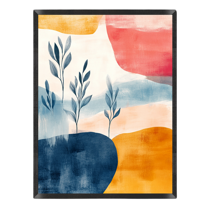 Abstract art print featuring watercolor-style shapes in coral red, mustard yellow, cream, light blue, and deep navy, with three simple leafy stems rising through the center, shown against a plain white background.