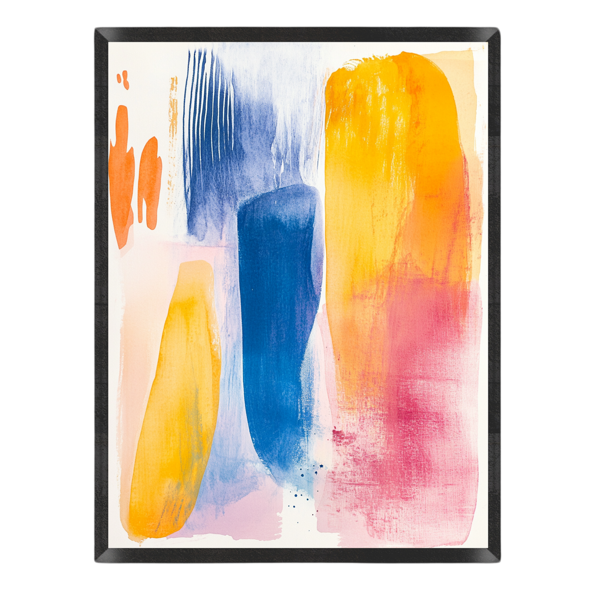 Abstract wall art featuring large textured brushstrokes in blue, yellow, orange, pink, and white, presented in a black frame against a light gray background.
