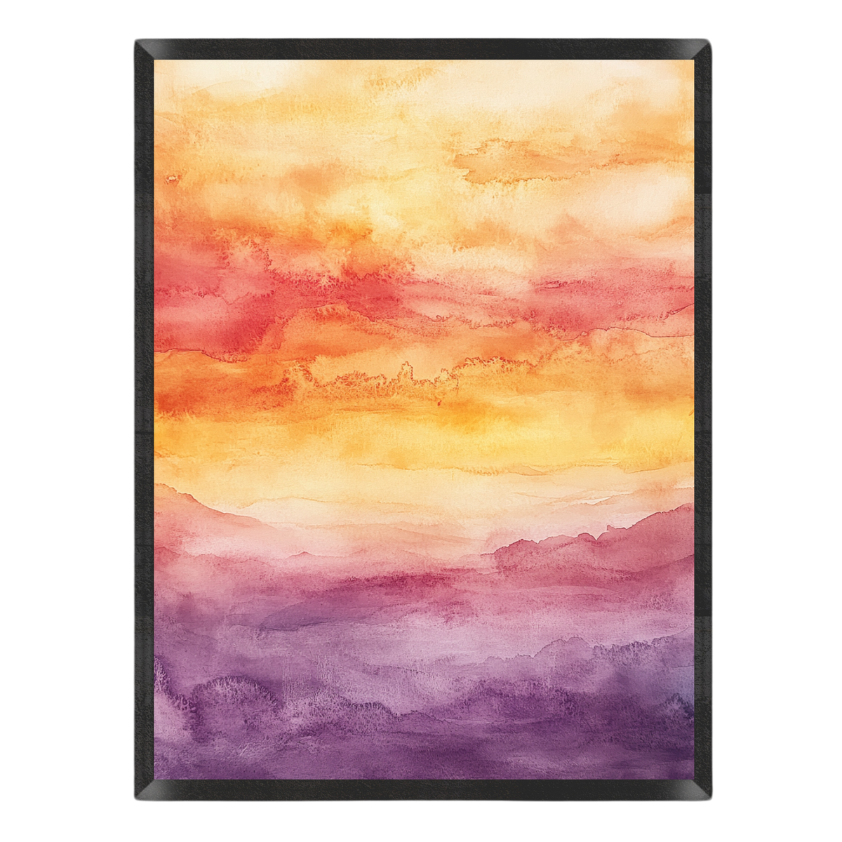 Watercolor landscape art print featuring a sunset sky with yellow, orange, and red clouds blending into purple mountains, presented in a black frame against a white background.