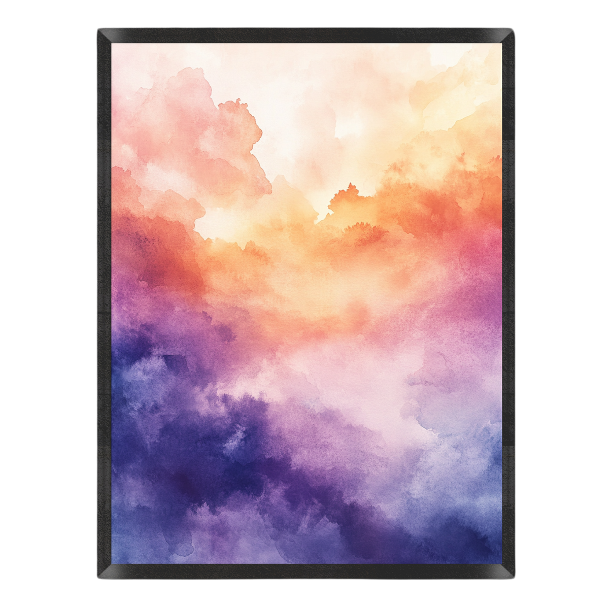 Abstract watercolor art print featuring a gradient sky with orange, pink, purple, and blue clouds, presented in a black frame against a white background.