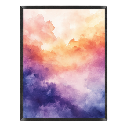 Abstract watercolor art print featuring a gradient sky with orange, pink, purple, and blue clouds, presented in a black frame against a white background.