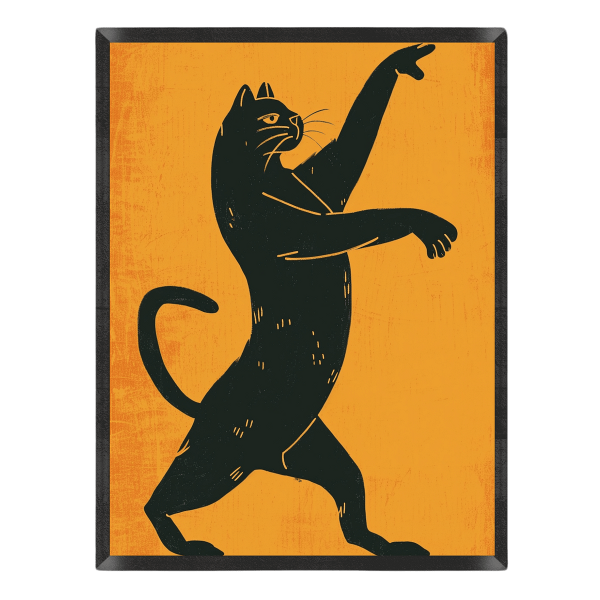 vintage black cat poster featuring a playful black cat reaching upward on its hind legs set against a textured, warm orange background in a thin black frame
