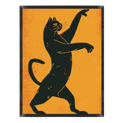 vintage black cat poster featuring a playful black cat reaching upward on its hind legs set against a textured, warm orange background in a thin black frame