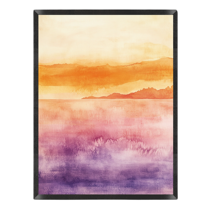 Watercolor landscape art print featuring a sunset gradient from yellow and orange at the top to pink and purple at the bottom, with a black frame on a white background.
