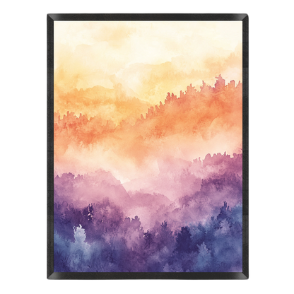 Watercolor landscape art print featuring misty purple and orange forest hills under a warm yellow sky, enclosed in a thin black frame against a white background.