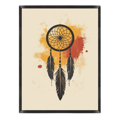 Wall art print featuring a stylized dreamcatcher illustration with black feathers and webbing over an orange and red watercolor background, set in a black frame on a white backdrop.