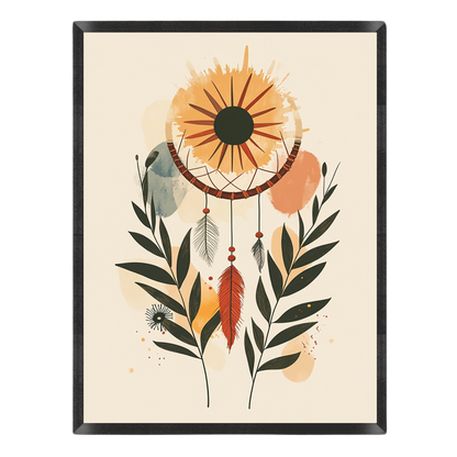Art print featuring a dreamcatcher design with a sunburst, feathers, and botanical leaves in warm earthy tones on a cream background.