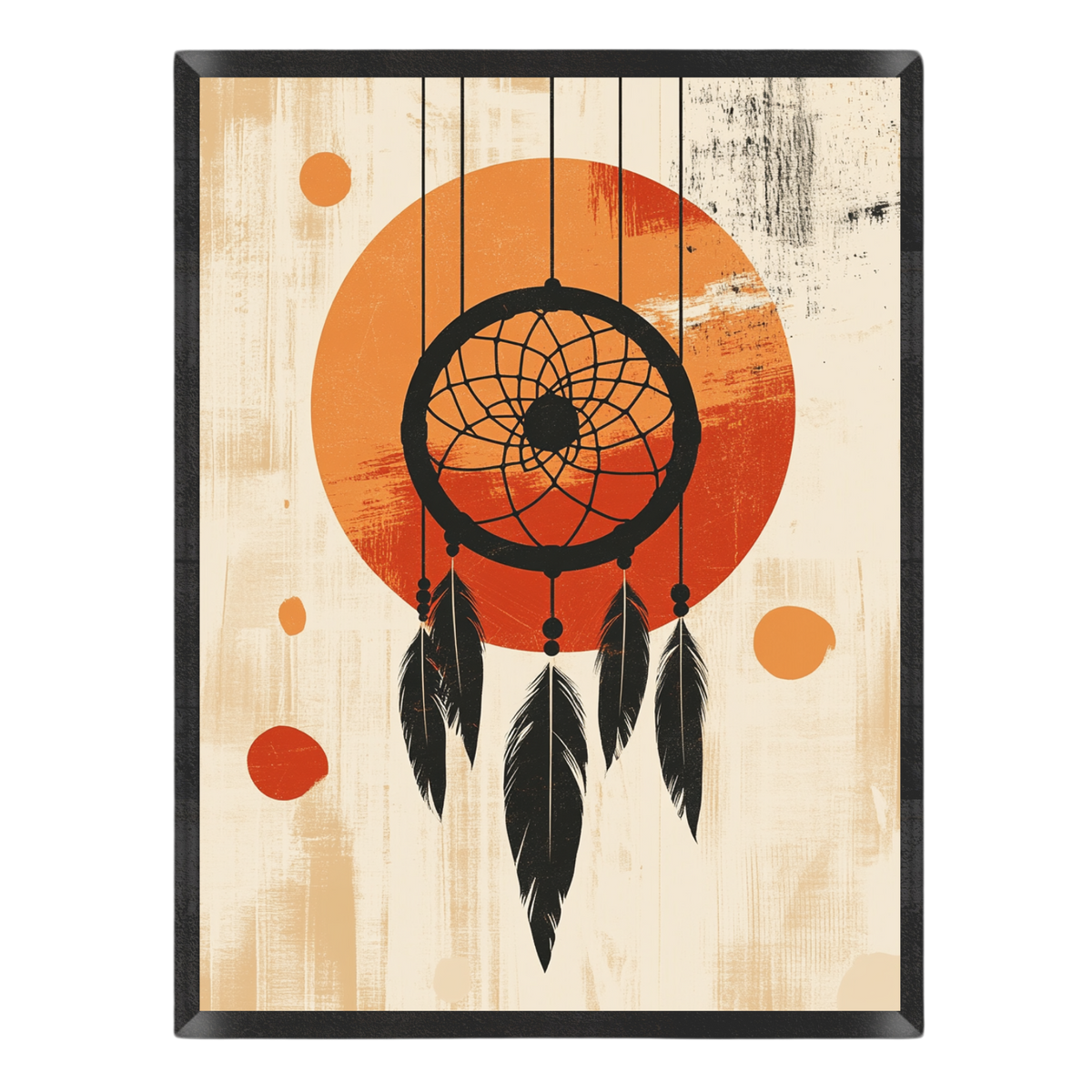 Wall art featuring a dreamcatcher design with black feathers and a web against a warm beige background and large orange sun motif.