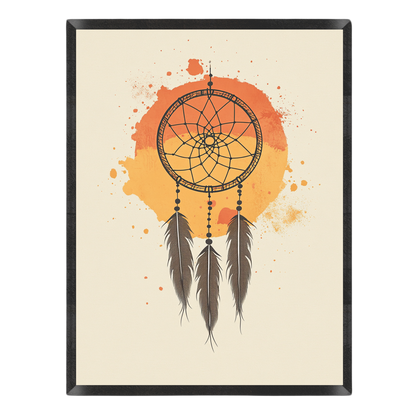 Wall art featuring a dreamcatcher illustration with three feathers over an orange and yellow watercolor-style sun on a cream background, shown in a black frame against a white backdrop.