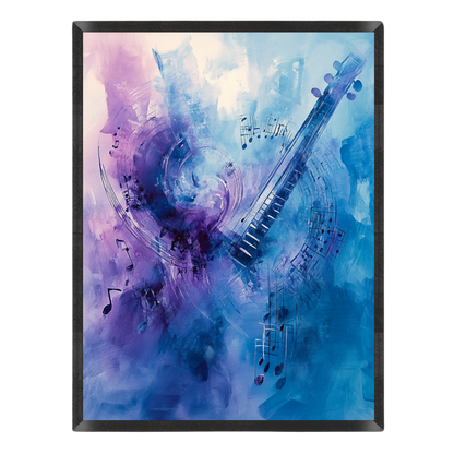Abstract art print featuring a stylized blue-and-purple guitar surrounded by musical notes, set against a clean white background.