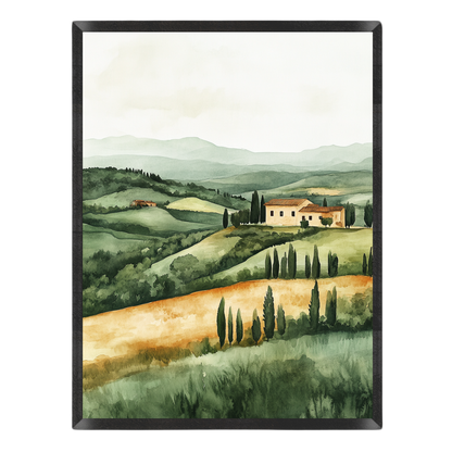 Watercolor landscape print depicting rolling green hills, cypress trees, a small farmhouse, and distant mountains, shown against a plain white background.