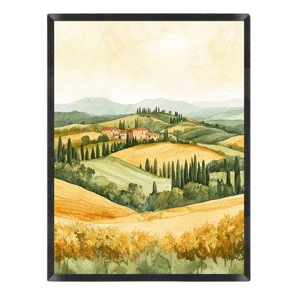 Watercolor landscape print depicting rolling golden and green hills, cypress trees, distant mountains, and small houses under a pale sky, shown against a plain white background.