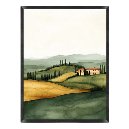 Watercolor landscape art print depicting rolling green and golden hills, cypress trees, distant blue-gray mountains, and a small villa, shown in a black frame against a white background.