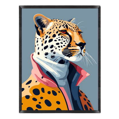 stylish pop art poster featuring an anthropomorphic leopard portrait wearing a high-collared jacket with pink lapels against a muted slate blue background, enclosed in a thin black frame