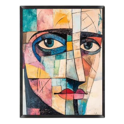 Abstract cubist-style portrait painting of a face, featuring geometric color blocks in blue, pink, yellow, beige, black, and red, shown against a plain white background.