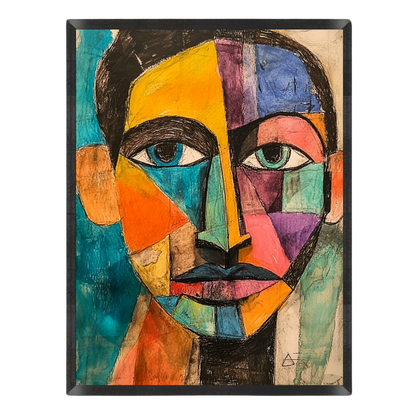 Abstract cubist portrait painting of a man's face, featuring bold geometric color blocks in yellow, blue, orange, pink, purple, black, and beige, enclosed in a thin black frame against a white background.