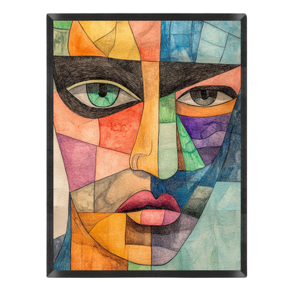 Abstract portrait artwork depicting a stylized human face composed of many colorful geometric blocks. The piece includes black, blue, green, orange, yellow, pink, purple, beige, and gray areas, with one prominent green eye and muted red lips.