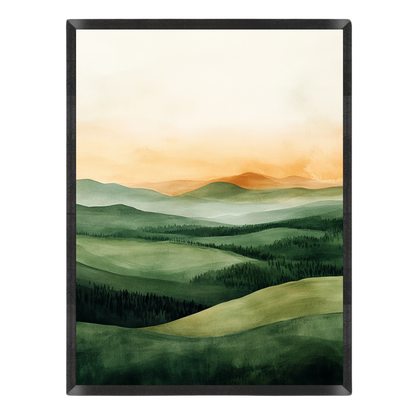 Landscape art print featuring rolling green hills, pine trees, and distant mountains under a warm orange and cream sky, presented in a black frame against a white background.