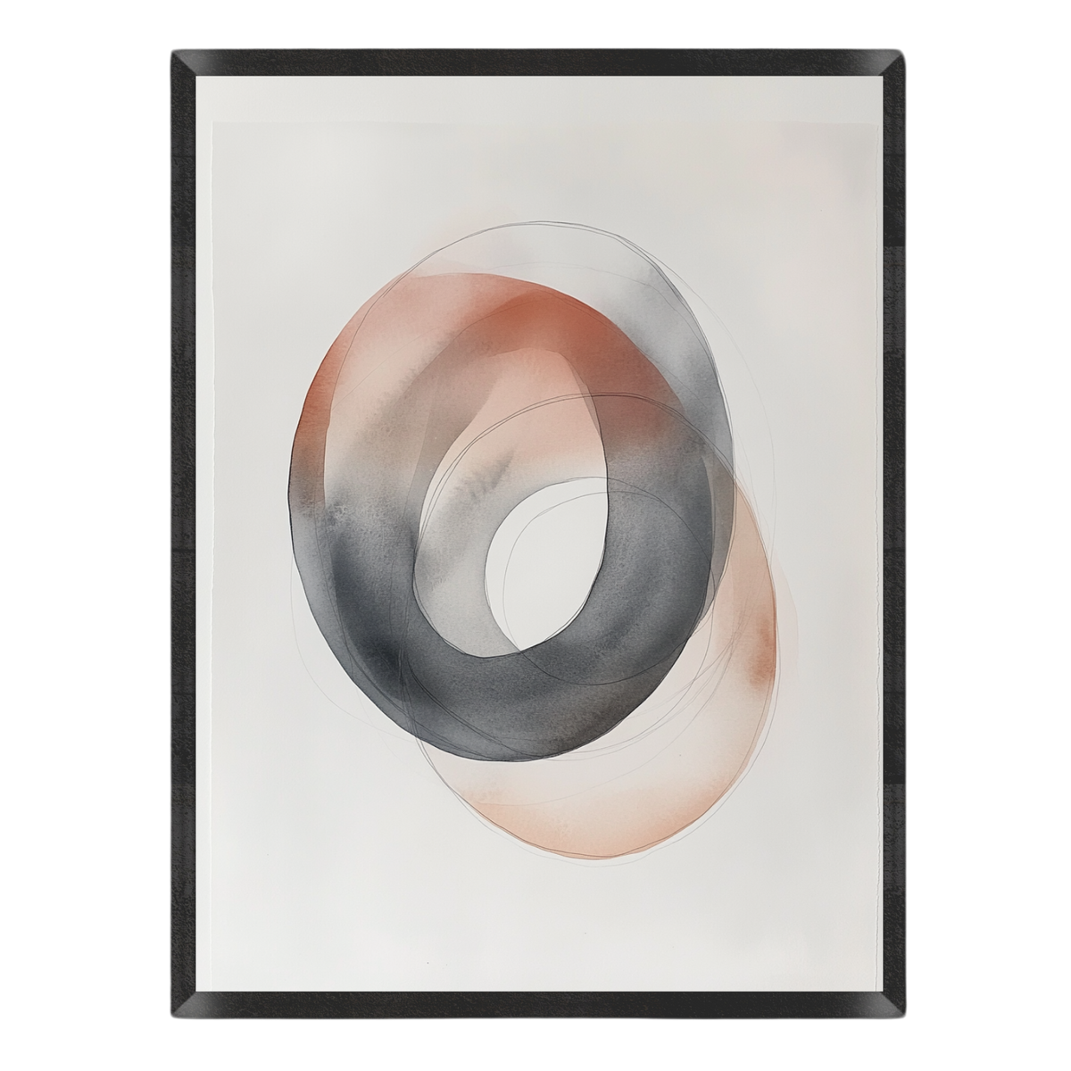 Abstract art print featuring overlapping organic loops in charcoal gray and warm terracotta on a white background, enclosed in a thin black frame.