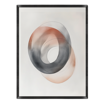 Abstract art print featuring overlapping organic loops in charcoal gray and warm terracotta on a white background, enclosed in a thin black frame.