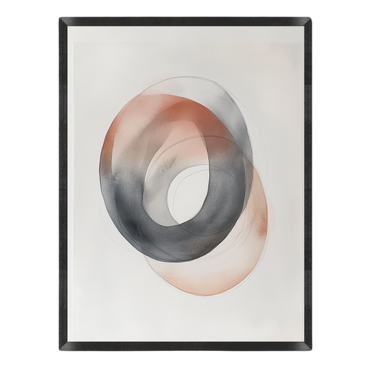 Abstract art print featuring overlapping organic loops in charcoal gray and warm terracotta on a white background, enclosed in a thin black frame.