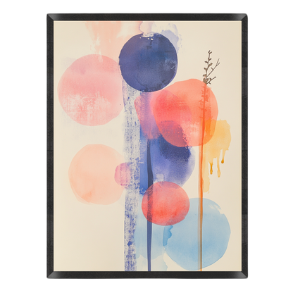 Abstract wall art featuring watercolor-style circles and drips in blue, coral red, peach, and light blue on a warm cream background, enclosed in a slim black frame.