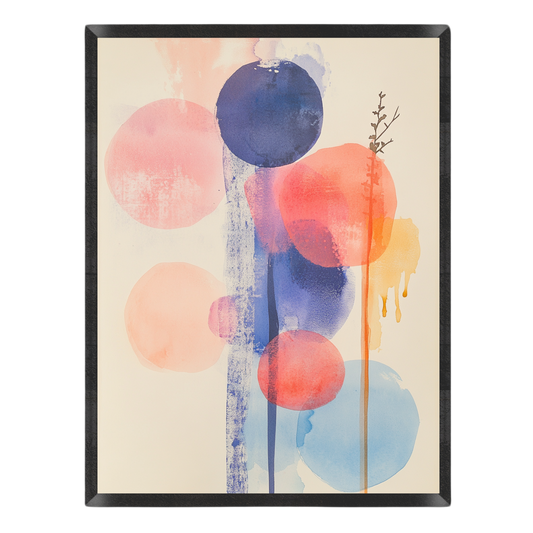 Abstract wall art featuring watercolor-style circles and drips in blue, coral red, peach, and light blue on a warm cream background, enclosed in a slim black frame.